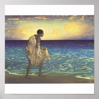 Hawaiian Fisherman, houtblokdruk Poster