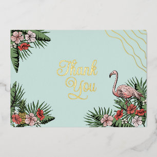 Hawaiian Flamingo & Hibiscus Blauw & Goud Bedankt Folie Uitnodiging