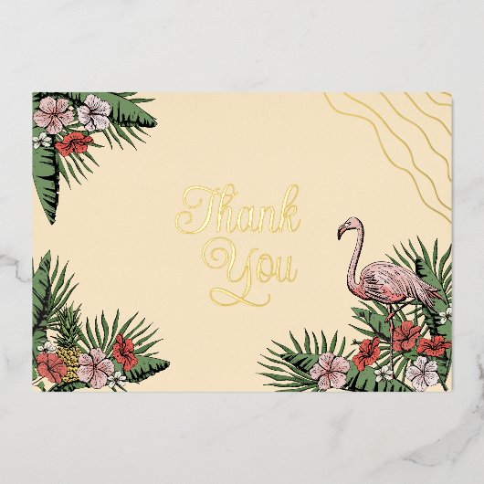 Hawaiian Flamingo & Hibiscus Geel Goud Bedankt Folie Uitnodiging (Voorkant)