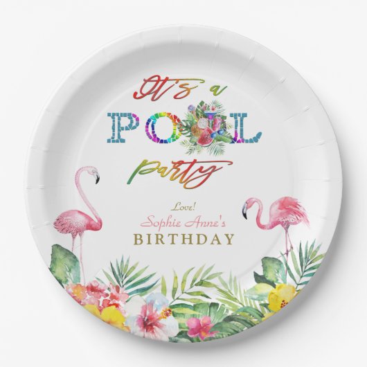 Hawaiian Floral Fruits Birds Pool Birthday Papieren Bordje (Voorkant)