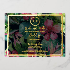 Hawaiian Floral Greenery Paradise Gold Wedding Folie Uitnodiging
