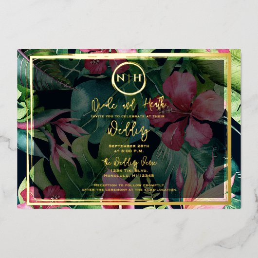 Hawaiian Floral Greenery Paradise Gold Wedding Folie Uitnodiging (Voorkant)
