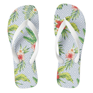Hawaiian Flower Pattern Pastel Blue Geometric Patc Teenslippers