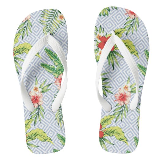 Hawaiian Flower Pattern Pastel Blue Geometric Patc Teenslippers (Voetbed)