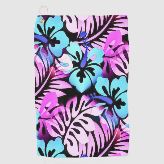 Hawaiian Flowered Pattern Tropical Pink Aqua Blue Golfhanddoek (Voorkant)