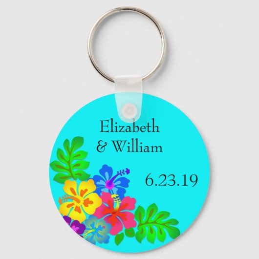 Hawaiian Flowers Aqua Wedding Favor Sleutelhanger (Voorkant)