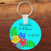 Hawaiian Flowers Aqua Wedding Favor Sleutelhanger (Voorkant)