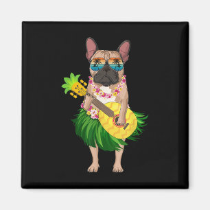 Hawaiian French Bulldog & Pineapple Ukulele Su Magneet