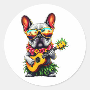 Hawaiian French Bulldog & Pineapple Ukulele Su Ronde Sticker