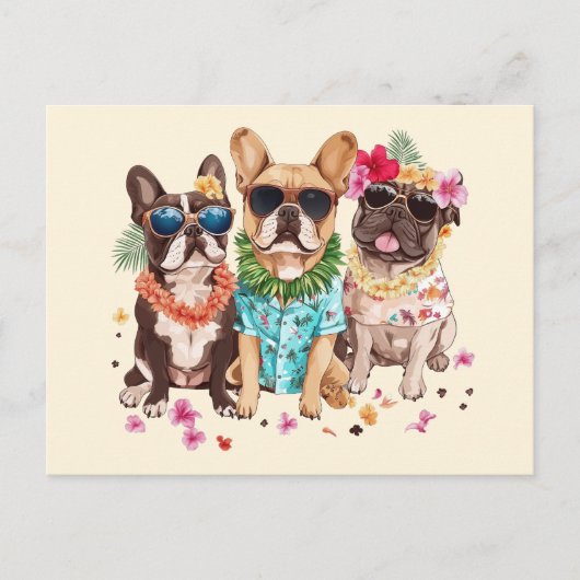 Hawaiian French Bulldogs Flower Lei Briefkaart (Voorkant)