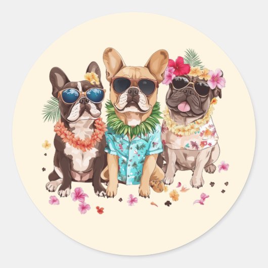 Hawaiian French Bulldogs Flower Lei Ronde Sticker (Voorkant)