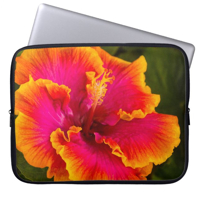 Hawaiian Fuchsia and Oranje Hibiscus Wetsuit suit  Laptop Sleeve (Voorkant)