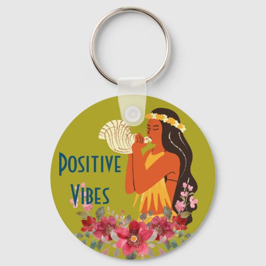 Hawaiian Girl die Conch Shell aanblaast Sleutelhanger (Voorkant)