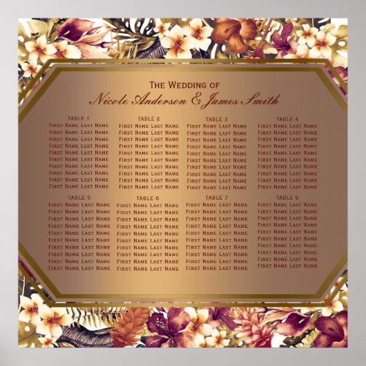 Hawaiian Golden Tropics Wedding Seating Chart Poster (Voorkant)