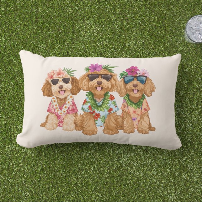 Hawaiian Goldendoodle Dogs Flower Lei Buitenkussen (Gras)