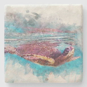 Hawaiian Green Zee Turtle Waterverf Painting Stenen Onderzetter