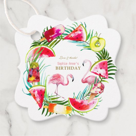 Hawaiian Greenery Fruits Birds Pool Birthday Bedankjes Labels (Voorkant)