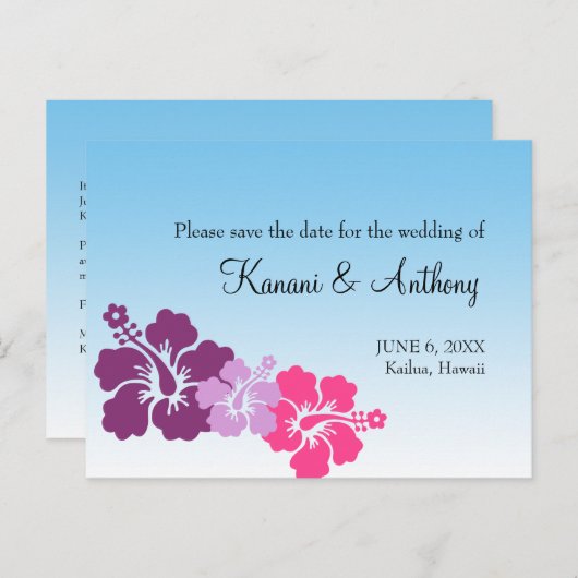 Hawaiian hibiscus bloem paarse save the date aankondigingskaart (Voorkant / Achterkant)