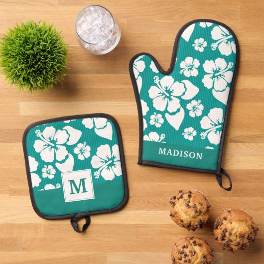 Hawaiian Hibiscus Flower Pattern Ovenwant & Pannenlap Set (Top down)