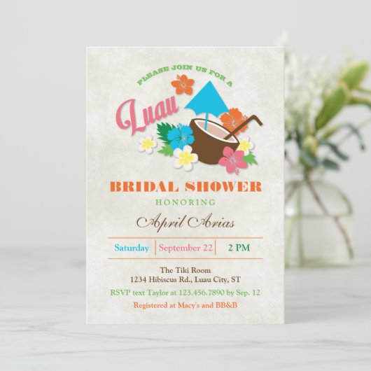 Hawaiian Hibiscus Luau Bruids Douche Uitnodiging (Staand voorkant)