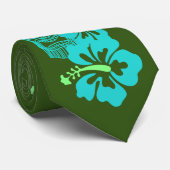Hawaiian Hibiscus & Tiki "Live Pono" Retro Green Stropdas (Opgerold)