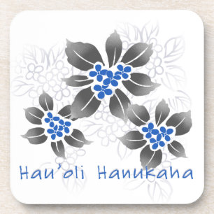 Hawaiian Holly Hanukkah Blue Floral Bier Onderzetter