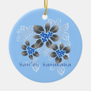 Hawaiian Holly Hanukkah Blue Floral Keramisch Ornament