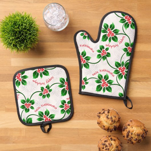 Hawaiian Holly Mele Kalikimaka Kerstrood Ovenwant & Pannenlap Set (Top down)