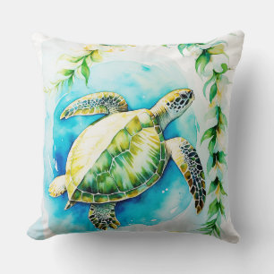 Hawaiian Honu met Plumeria & Maile Waterverf Kussen