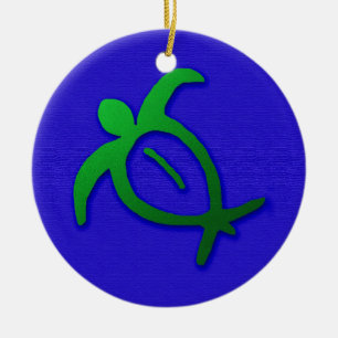 Hawaiian Honu Petroglyph op Blue Keramisch Ornament
