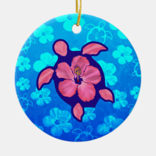 Hawaiian Honu Turtle en Hibiscus Keramisch Ornament