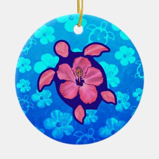 Hawaiian Honu Turtle en Hibiscus Keramisch Ornament (Voorkant)