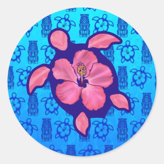 Hawaiian Honu Turtle en Hibiscus Ronde Sticker (Voorkant)