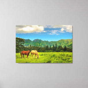 Hawaiian Horses, Hokulei Peak, Kauai, Hawaii Canvas Afdruk