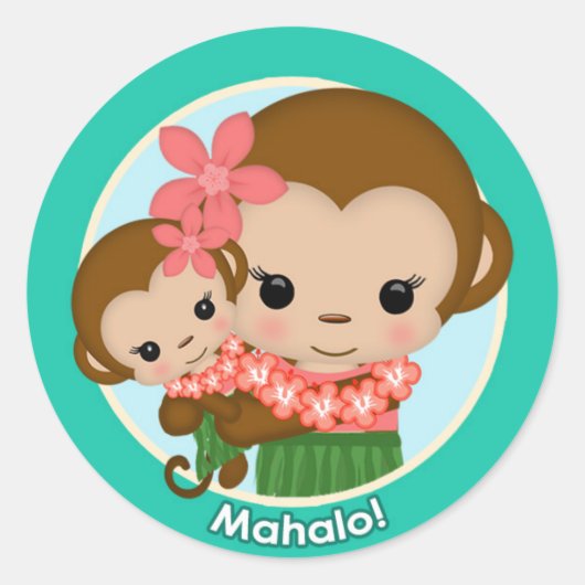 Hawaiian Hula Monkey Baby shower sticker Mahalo (Voorkant)