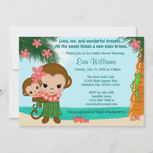 Hawaiian Hula Monkey Baby shower uitnodiging Beach (Voorkant)