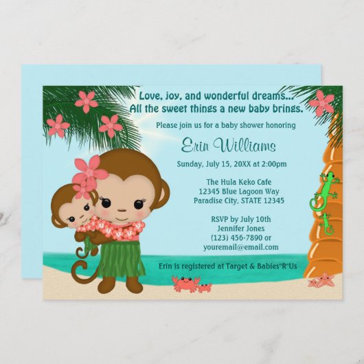 Hawaiian Hula Monkey Baby shower uitnodiging Beach (Voorkant / Achterkant)