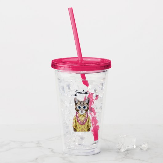 Hawaiian Kitty Cat | Jouw namen toevoegen Acryl Drinkbeker (Voorkant ijs)