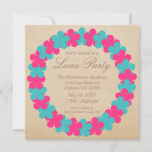 Hawaiian Lei Luau Party Invitation, Aqua and Pink Kaart