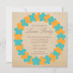 Hawaiian Lei Luau Party Invitation, Aqua & Oranje Kaart
