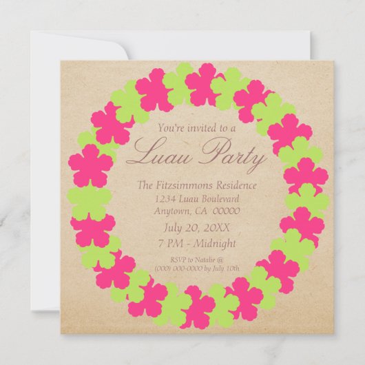 Hawaiian Lei Luau Party Invitation, Pink & Green Kaart (Voorkant)