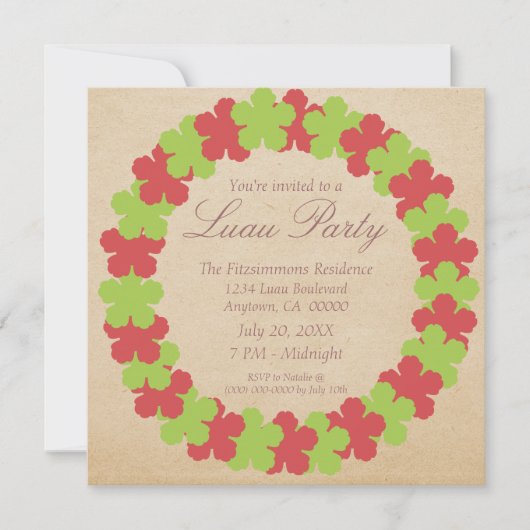Hawaiian Lei Luau Party Invitation, Red en Green Kaart (Voorkant)