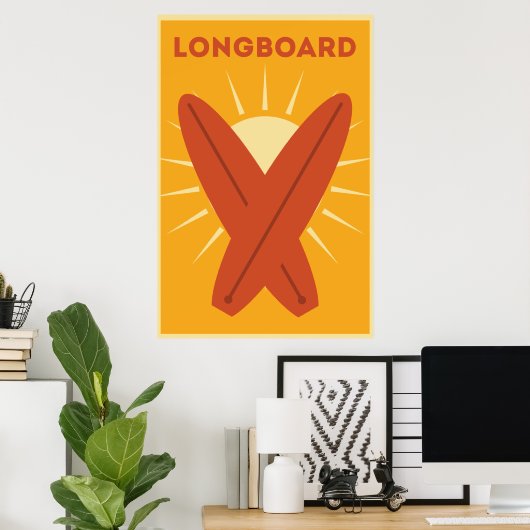 Hawaiian Longboard Surfboard Retro Poster (Thuiskantoor)