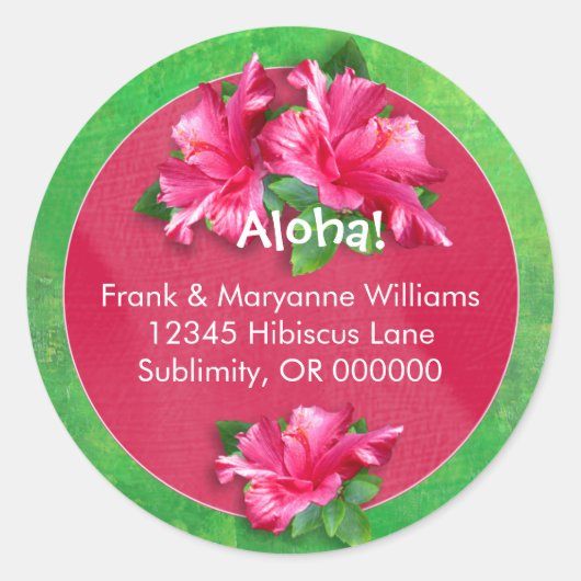 Hawaiian Luau Adresetiketten met Roze Hibiscus Ronde Sticker (Voorkant)