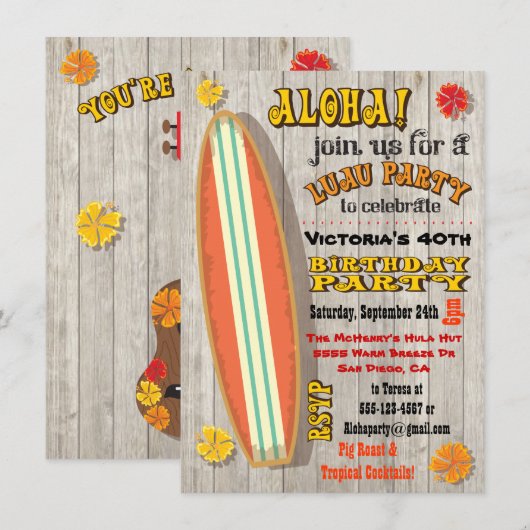 Hawaiian Luau Birthday Party Invitations Kaart (Voorkant / Achterkant)