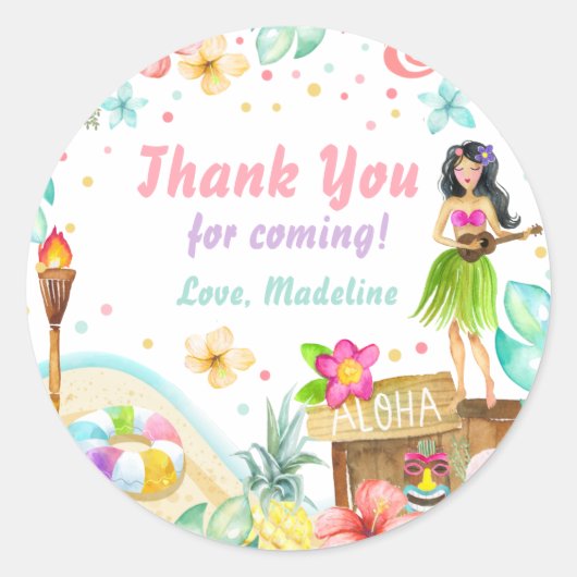 Hawaiian Luau Birthday Tropical Pool Party Pastel Ronde Sticker (Voorkant)