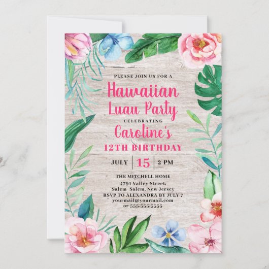Hawaiian Luau Party Tropical Floral Wood Birthday Kaart (Voorkant)