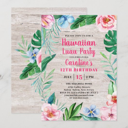 Hawaiian Luau Party Tropical Floral Wood Birthday Kaart (Voorkant / Achterkant)