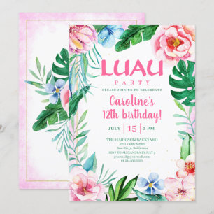 Hawaiian Luau Party Tropisch Floral roze Birthday Kaart