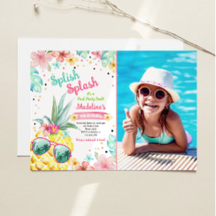 Hawaiian Luau Pineapple Pool Party Girl Birthday I Kaart